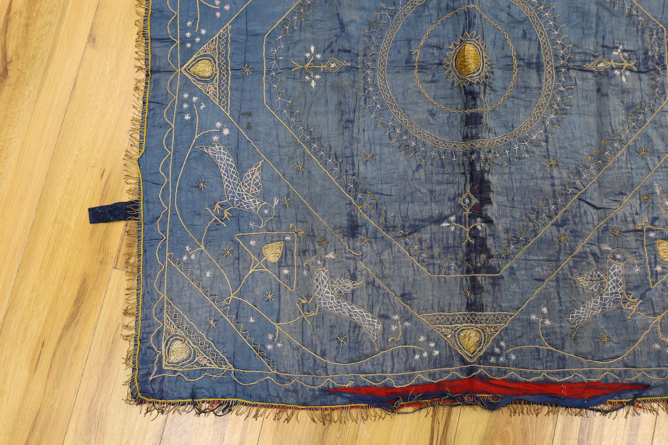 A late 19th century Indian silk and metal thread embroidered panel, approx. 118cms x118 cms